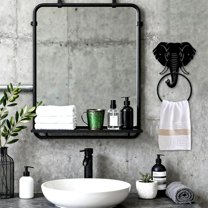 MAYJOYDIY Elephant Metal Towel Ring Round Animal Hand Towel Holder Ring Hanger Wall Mount Black Vintage Towels Wall Organizer for Kitchen Bath Home Laundry Room Decors Gifts