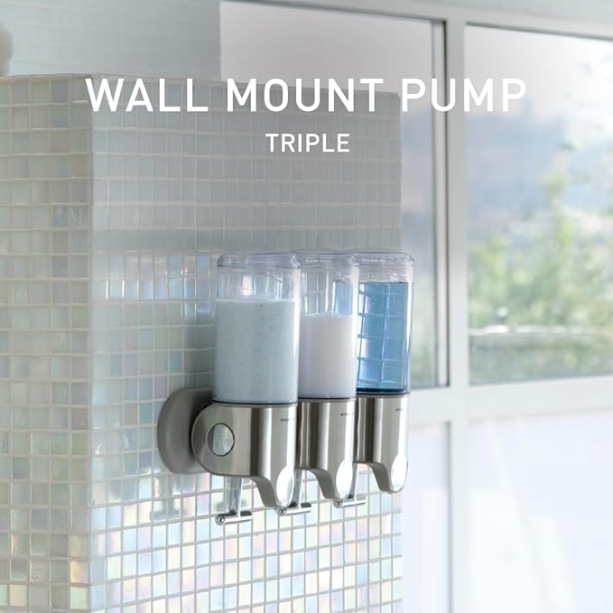 simplehuman Wall Mount Pumps, Triple 15 fl. oz. Shampoo & Soap Dispenser, Stainless Steel