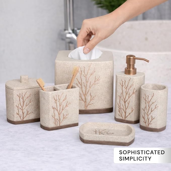 Decozen Bathroom Accessories 6Pcs Set, Soap Dispenser, Toothbrush Holders, Tumbler, Soap Dish & Cotton Swab Jar – Modern Bathroom Decor, Modern Farmhouse Decor, Countertop Accessories, Beige Brown