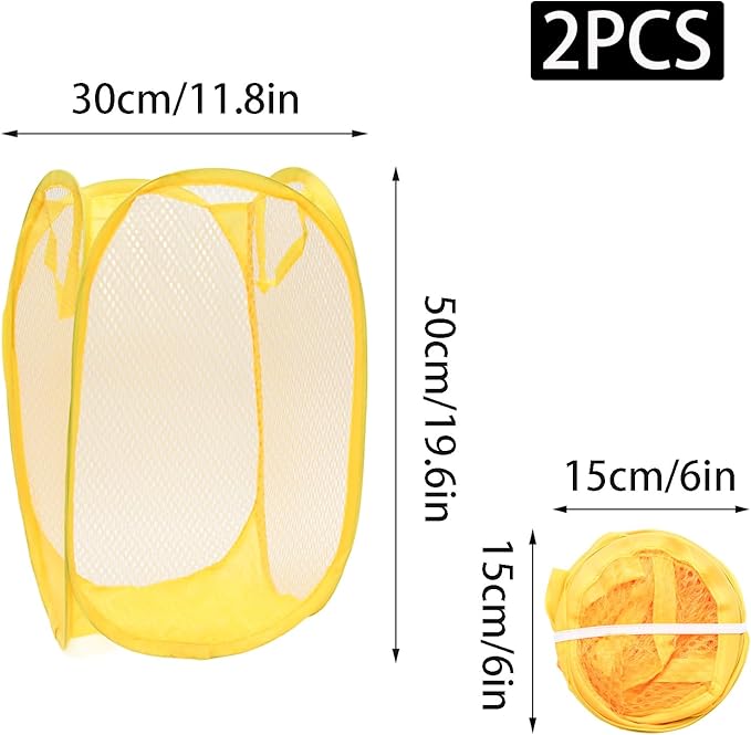 2Pcs Popup Mesh Laundry Baskets, Collapsible and Portable Laundry Hamper, Ideal for Travel and Home Use (Pink & Yellow)