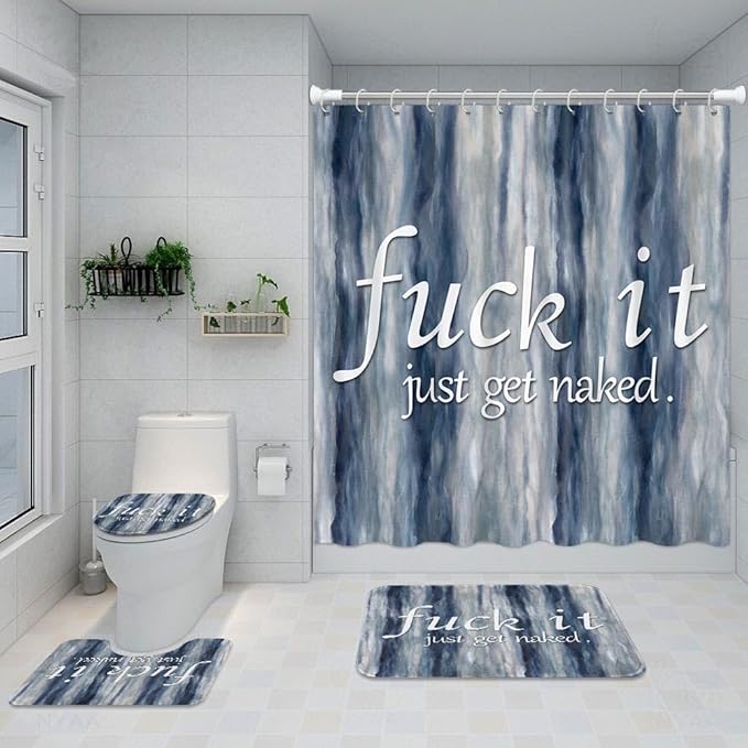 ArtSocket 4PC Funny Get Naked Blue Painting Art Modern Abstract Shower Curtain Sets Bathroom Decor with Rugs, Non-Slip Rug,Toilet Lid Cover, Bath Mat and 12 Hooks 72x72 inches