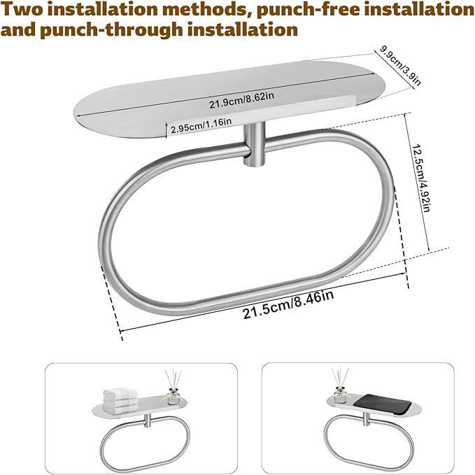 Hand Towel Holder with Shelf, Oval Durable 304 Stainless Steel Adhesive Bathroom Towel Bar Stand Rack Hanger Wall Mounted Rings Practical Kitchen Bathroom Accessories(Silver)