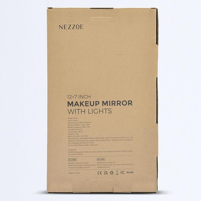 NEZZOE Lighted Makeup Mirror, Metal Table Mirror with Stand, 2000 mAh Rechargeable Vanity Mirror with 3 Colors and Brightness Adjustable, 12 Inch Light up Mirror