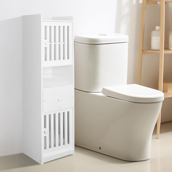 Tall Bathroom Storage Cabinet,11.4x 11.4 x 46.5 Inches Multipurpose Small Storage Cabinet with 2 Doors 5-Tier Side Storage Organizer Cabinet Unit for Bathroom Living Room Hallway Kitchen, White