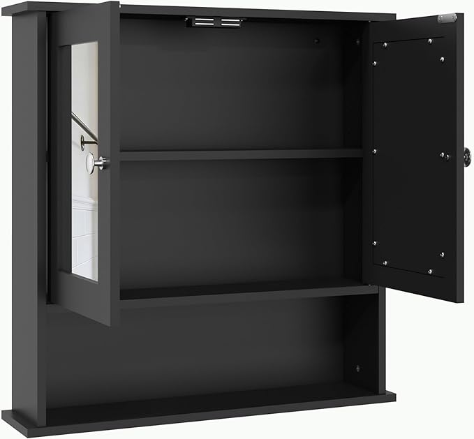 Panana Wall Mounted Bathroom Cabinet Wall Cabinet with 2 Mirrored Doors and Open Compartment, Inner Adjustable Shelf, 22" x 5.1" x 22.8" (Black)