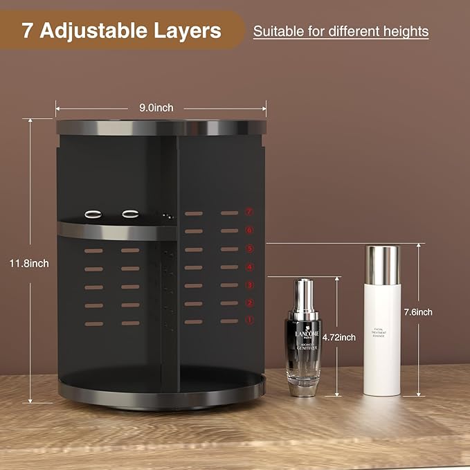 360 Rotating Makeup Organizer Countertop, Acrylic Organizador De Perfumes, 7 Layers Large Make Up Organizer, Huge Storage Fits for Vanity and Bathroom (Black, Small)