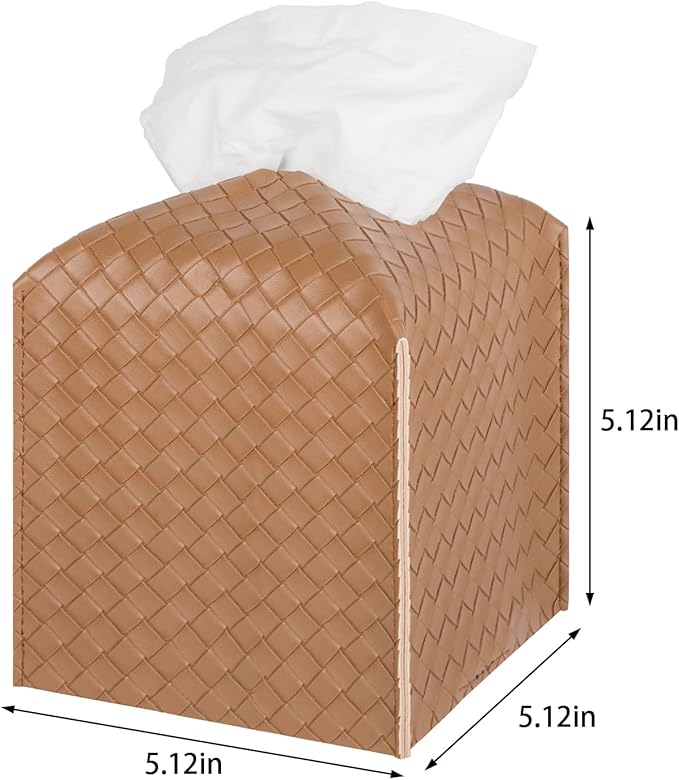 Tissue Box Cover PU Leather Tissue Holder Square Facial Tissue Case Facial Paper Organizer Dispenser for Bathroom, Vanity Countertop, Tabletop, Car, Brown