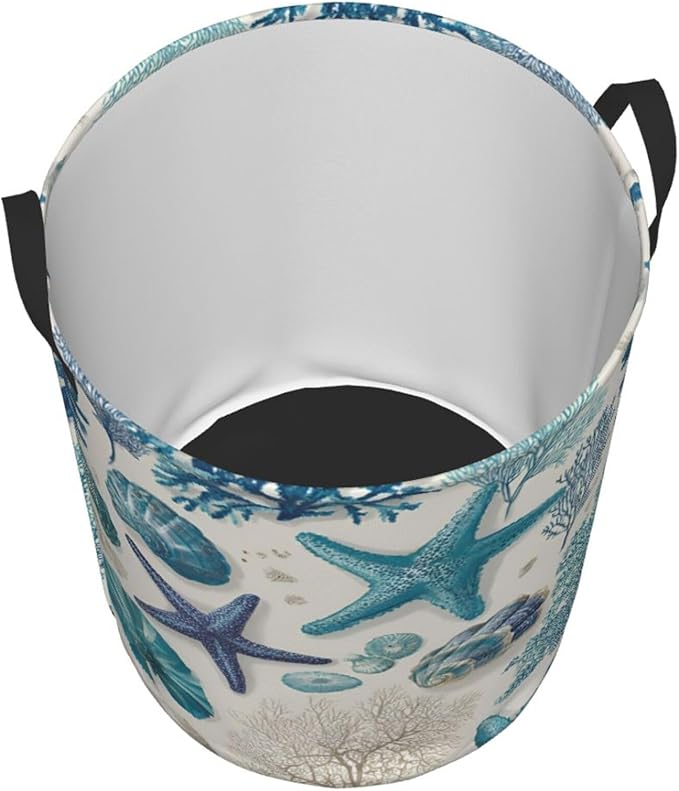 Coastal Ocean Theme with Starfish Design Laundry Hamper, White Blue, Oxford Cloth Storage Basket, Large 19.6x15.7 Inch