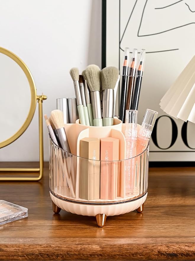 Multifunction Cosmetic Organizer, Rotating Makeup Brush Holder with Multi-Compartment Design, Countertop Organizer for Vanity, Bathroom Counter, Pantry, Cabinet (Transparent pink)