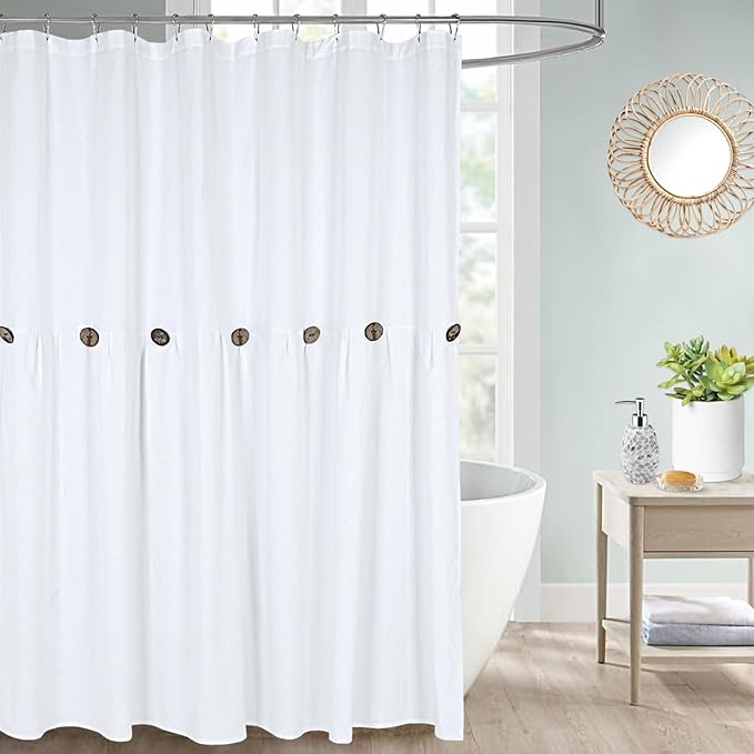 Farmhouse Shower Curtain, White Cloth Button Curtain, Cotton Blend Fabric, Rustic Country Shabby Chic Style, 72x72 in, Bathroom