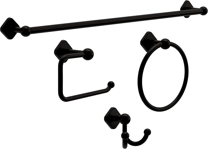 Franklin Brass Gainesville 4-Piece Bathroom Set Matte Black 18" + 6" Towel Rack, Toilet Paper Holder, Hand Towel Holder, Hook | 4-Piece Bath Hardware Accessories Set GNV64-MB