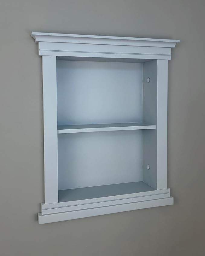 Fox Hollow Furnishings 14x18 Elliot Craftsman Recessed Wood Wall Niche, Open Medicine Cabinet Replacement, in The Wall Bathroom Cabinet Insert Shelves, Made in North America, NO MDF, Plain, Light Gray