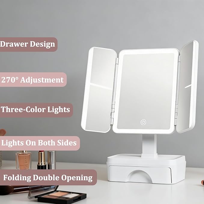 Tri Fold Lighted Makeup Mirror with Storage & 3X Magnification, Small Vanity Mirror, 3-Color Dimmable LED Vanity Mirror, Touch Control Vanity Mirrors, Travel Makeup Mirror for Women (White)