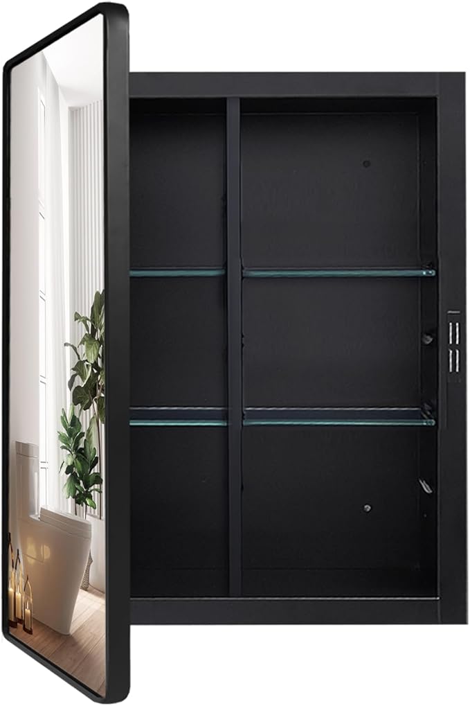 Black Medicine Cabinet 16x20 inch, Bathroom Mirror with Storage, Recessed or Wall Mounted Farmhouse Cabinets, Metal Framed, Adjustable Shelves, One Door Open Left or Right
