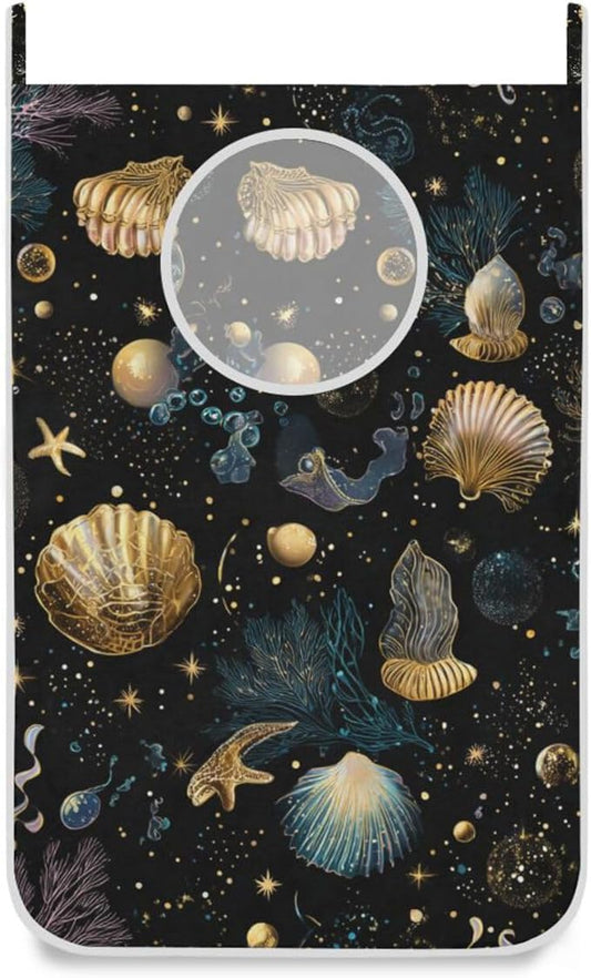 Shell Starfish Black Hanging Laundry Hamper Door Hampers Bag Basket with Stainless Steel Hooks Oxford Fabric Printing Decorative Clothes Bags 29.5X20inch 1Pack