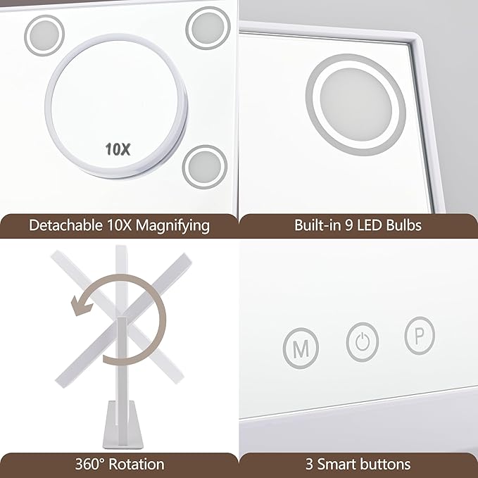 Lighted Makeup Mirror, Hollywood Vanity Mirror with 9 LED Bulbs, 3 Color Lights, and Detachable 10X Magnification Mirror, 1200mAh Rechargeable, Touch Control, 360°Rotation, White 14.05" * 12"