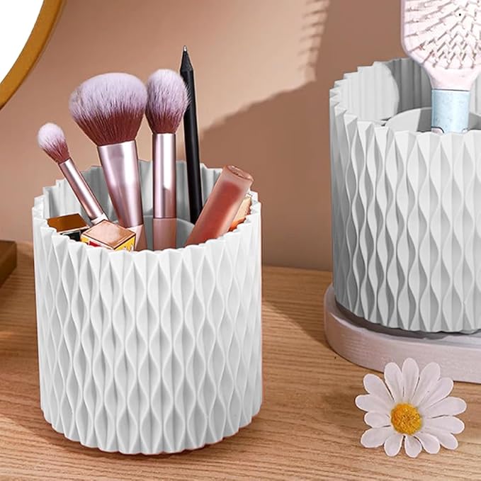 Makeup Brush Holder Organizer, 360?? Rotating Multi-Functional Pen Holder for Desk, 5 Slot Makeup Spinning Storage Rack for Bathroom Drawers,Vanities,Countertops,Office Desk(white)