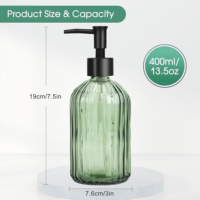 Topsky Glass Soap Dispenser with Black Plastic Pump, 400ml Liquid Hand Soap Dispenser, Rustproof Pump for Kitchen & Bathroom, Great for Lotions, Essential Oil, Liquid Soaps (Army Green)