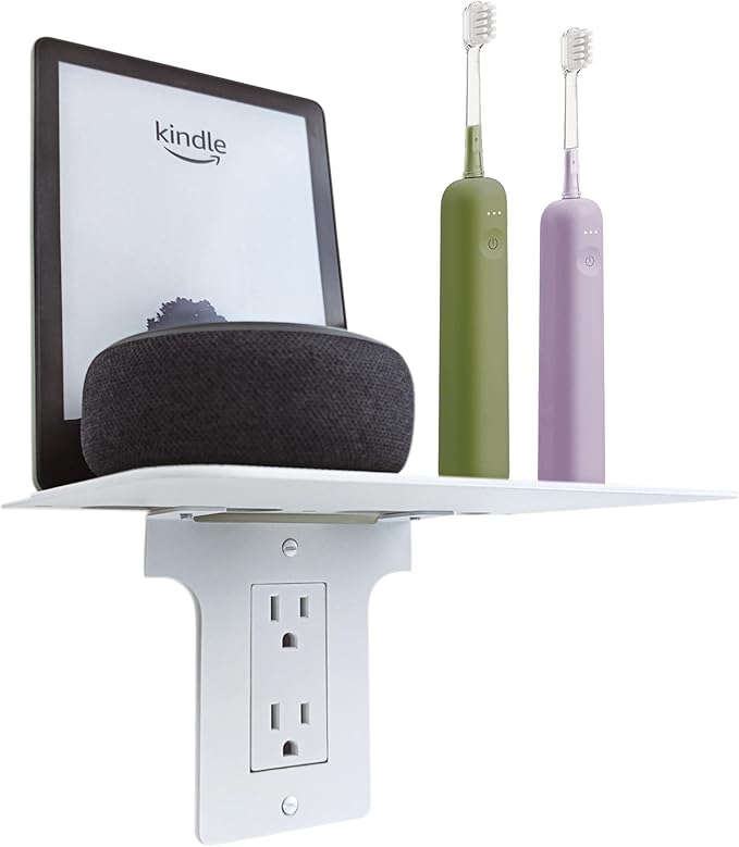 Metal Outlet Shelf Wall Holder for Decora (Standard Rectangle) Outlets - Bathroom & Kitchen Organizer with Cord Storage,Quick Install for Echo Dot Smart Home Toothbrush Holder Smart Speaker Cell Phone