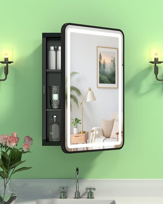 16x24 Inch LED Medicine Cabinet Mirror, Bathroom Mirror with Lights and Storage Wall Mounted & Recessed with Anti-Fog, Dimmable 3 Color Light with Memory, 2 Shelves & 1 Organizer Box, Right Hinge