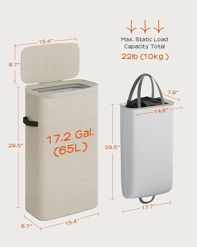 CASAMAYA Laundry Basket with Lid, Slim Laundry Hamper, 65L collapsible Laundry Organizer, Easy Assembly, with Handles and Removable Liners, 15.4 x 8.7 x 29.5 Inches, Beige JSP901M