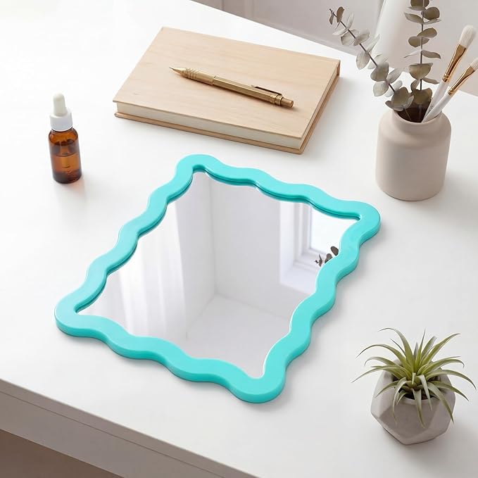 Leinuosen 1 Pcs Scalloped Magnetic Locker Mirror Small Real Glass Makeup Mirror with Magnetic Backing Cute Locker Decorations for Office Cabinet Lockers Accessories (5 x 7 Inch,Lake Blue)