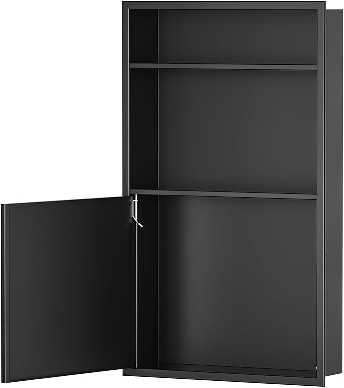 Recessed Medicine Cabinet with Door 24" X 14" Matte Black Wall Medicine Cabinets with 3-Tier Shelf 304 Stainless Steel Niche Shower for Bathroom Storage