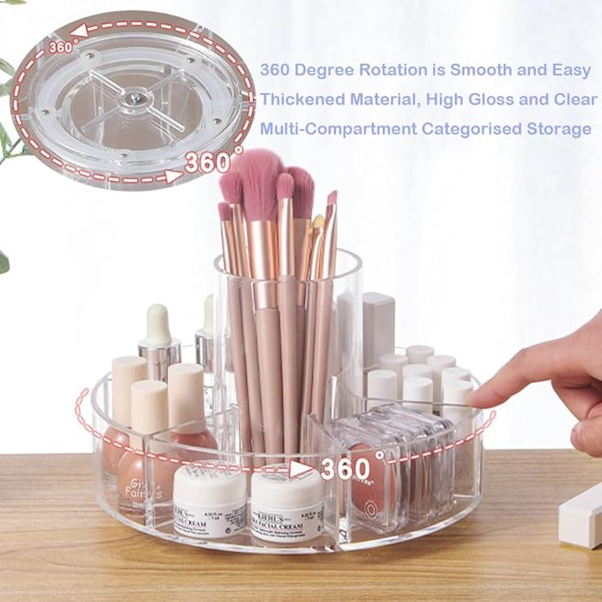 360° Rotating Makeup Organizer, Makeup Brush Holder, Lazy Susan Turntable Storage Tray with 6 Compartment as Cosmetic Display Case, Perfume Organizer and Bathroom Counter Organizer, Clear