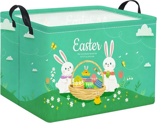 Rectangular Easter Basket for Home Kitchen Baby Girls Basket Cute Storage Bin Organizer Shelf Book Room Decor(Green Cute Bunny)