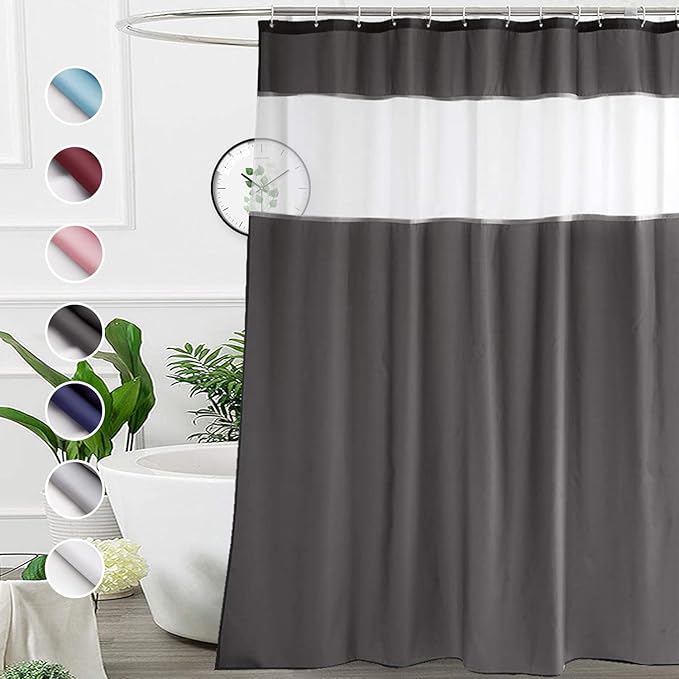 UFRIDAY Dark Gray Shower Curtain,72 x 75 Inches Long Polyester Fabric Shower Curtain with Light Filtering Window, Water Repellent,12 Hooks Included,Washable Curtain for Home and Hotel