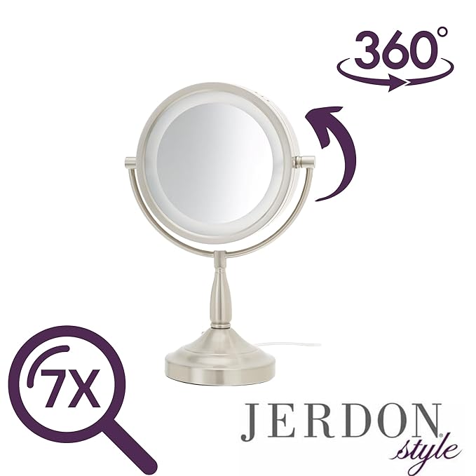 JERDON LED Lighted Tabletop Vanity Makeup Mirror – 8.5” Diameter with 7X-1X Magnification – Nickel Finish – Power Cord and Plug – Model LT856N