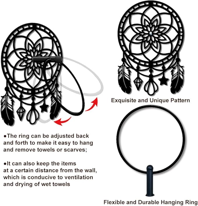 MAYJOYDIY Pumo Metal Towel Ring Round Floral Dream Catcher Net Hand Towel Holder Ring Hanger Black Vintage Towels Wall Organizer for Kitchen Bath Home Laundry Room Decors Gifts