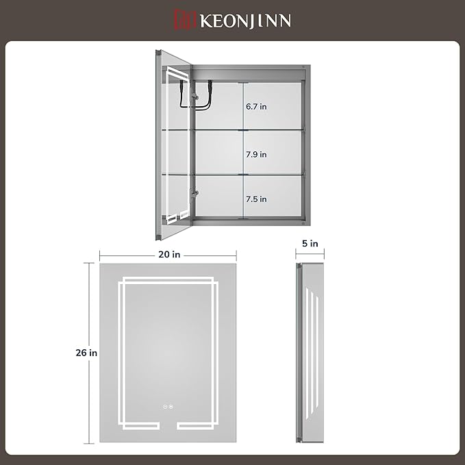 Keonjinn 20 x 26 Inch Lighted Medicine Cabinet Mirror, Bathroom LED Medicine Cabinet with Lights, Adjustable Shelves, Tempered Glass, UL-Listed, Dimmable, No Outlets, Defogging, Wall Mount Only