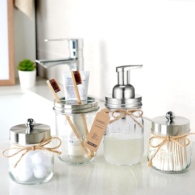Amolliar Mason Jar Bathroom Accessories Set 4Pc - Foaming Soap Dispenser&2 Qtip Holders&Toothbrush Holder-Rustic Farmhouse Decor Bathroom Organizer Apothecary Jar Country Countertop (Brushed Nickel)