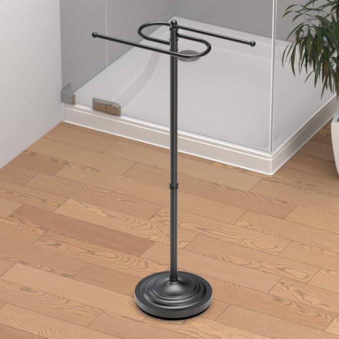 Gatco 1505MX, Modern Round Base Floor Standing S Style Towel Holder, Matte Black / 38" H Freestanding Hand Bath Towel Stand for Bathroom