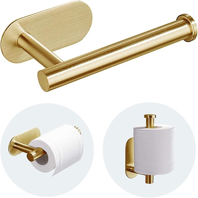 JOPOFI Toilet Paper Holder - Self Adhesive Toilet Paper Holder Wall Mount for Bathroom, SUS 304 Stainless Steel Command Strip Toilet Paper Roll Holder Stick On Wall, No Drilling - Brushed Gold
