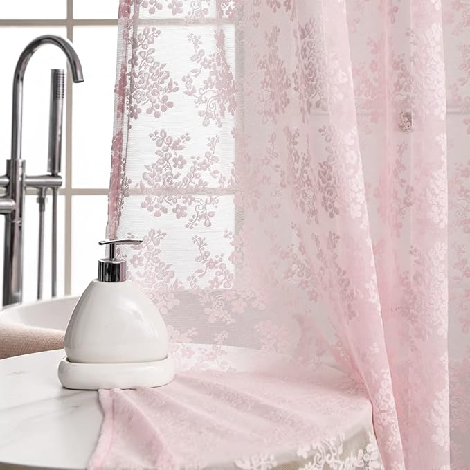 Pink Lace Shower Curtain - Vintage Shower Curtain with Attached Valance, Floral Lace Bath Curtain for Bathroom, Farmhouse Style Shabby Chic Bath Curtain Scalloped Edge, 72 x 72 Inch, 1 Panel