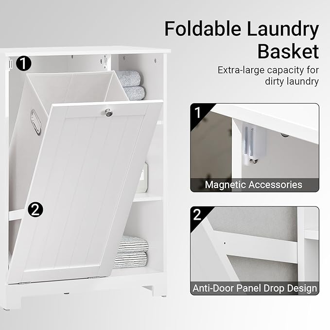 SoBuy Tilt Out Laundry Cabinet, Floor Standing Storage Cupboard with Basket Hamper Unit with Open Compartments, Bathroom White BZR105-W