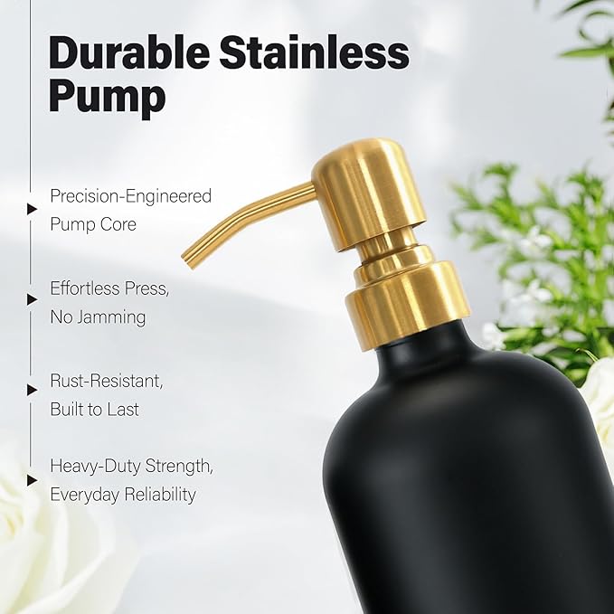 Prus Waso Black Soap Dispenser for Kitchen Sink, Hand and Dish Soap Dispenser with Stainless Steel Pump, Perfect for Gold Kitchen Accessories. (Gold & Black)
