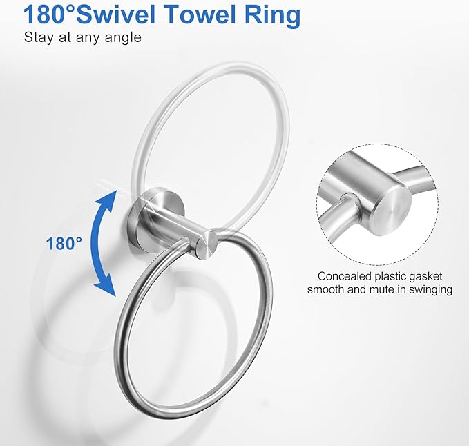RUMOSE Brushed Nickel Bath Towel Ring Heavy Duty Round Hand Towel Holder Hanger for Bathroom & Kitchen, Stainless Steel Drill Free with Glue or Wall Mounted with Screws