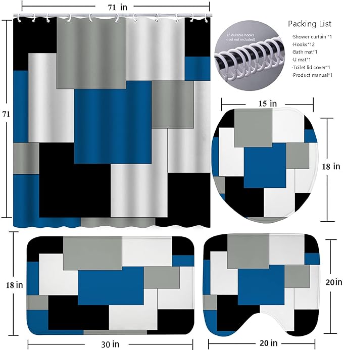 Blue Bathroom Sets with Shower Curtain and Rugs, 4 Piece Geometric Bathroom Shower Curtain Set with Rugs, Incl Shower Curtain with 12 Hooks, Bath Mat, U-Shaped Floor Mat, Toilet Lid Oval Rug