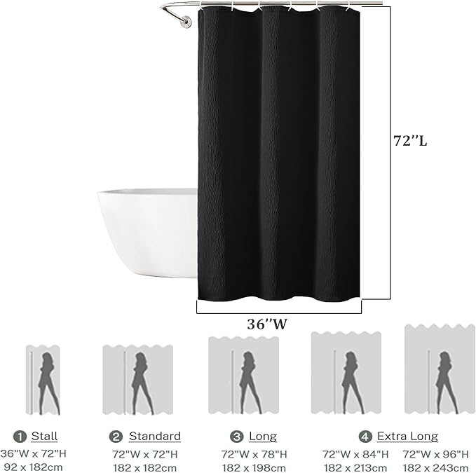 Aiyufeng 3D Textured Black Small Shower Curtain for Bathroom, Fabric Shower Curtain Heavy Duty Cloth, Stall Size Narrow Bathroom Curtains, Machine Washable, 36x72 Inches