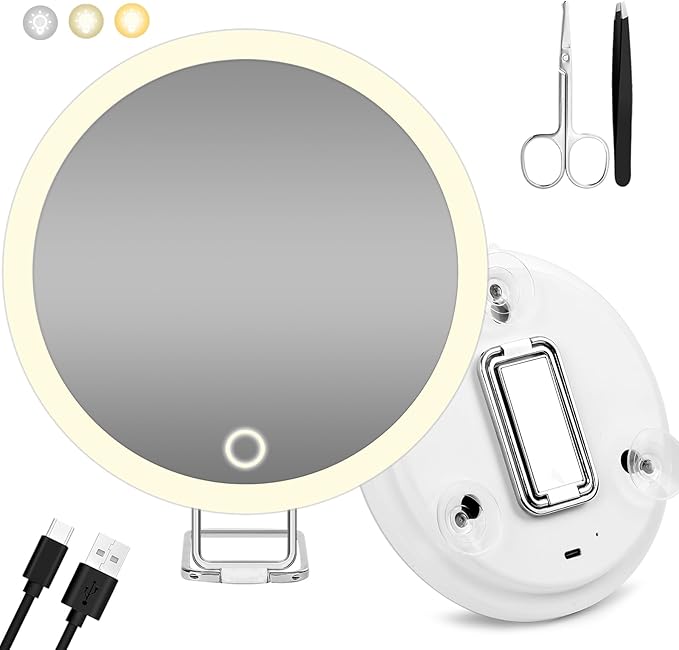 20X Magnifying Mirror w/ Light，Lighted Magnifying Mirror w/ 3 Suction Cups & 360° Stand，Rechargeable 3 Colors Dimming Vanity Mirror，6inch Large Tabletop Makeup Mirror w/ Tweezers & Scissors