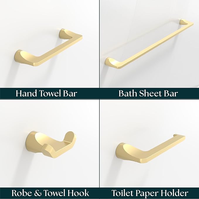 Mega Handles Bathroom Towel Holder Set - 4 Pieces Bathroom Accessories Sets - Heavy Duty Bathroom Accessory Set, 25'' Towel Bar, Robe Hooks & Toilet Paper Holder Wall Mounted - Satin Brass Bath Suite
