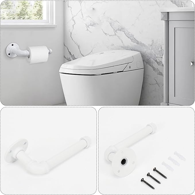 4-Pieces Industrial Pipe Bathroom Towel Ring Kit DIY Wall Mount Accessories Kit Includes Robe Hook Towel Bar and Towel Ring (White 18 inch)