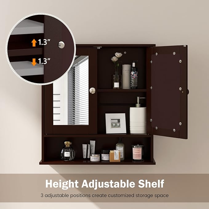 COSTWAY Bathroom Cabinet Wall Mount, Wooden Medicine Cabinet with 2 Mirror Doors, Adjustable Shelf, Open Compartment, for Laundry, Living Room, Kitchen, Brown