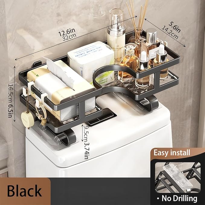 Over Toilet Storage Shelf No-Drill Floating Shelf with 3 Hooks, Easy Install Space-Saving Bathroom Organizer, Fits Most Toilets (No Block Flush Button), for Towels, Toilet Paper, Decor (Black)