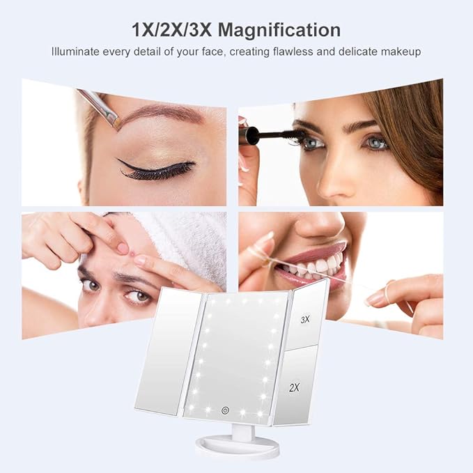 WEILY Makeup Mirror with 21 LED Lights,Two Power Supply Modes, Adjustable Touch Screen and 1x/2x/3x Magnification Tri-Fold Vanity Mirror,Chargeable Travel Cosmetic Mirror for Desktop(White)