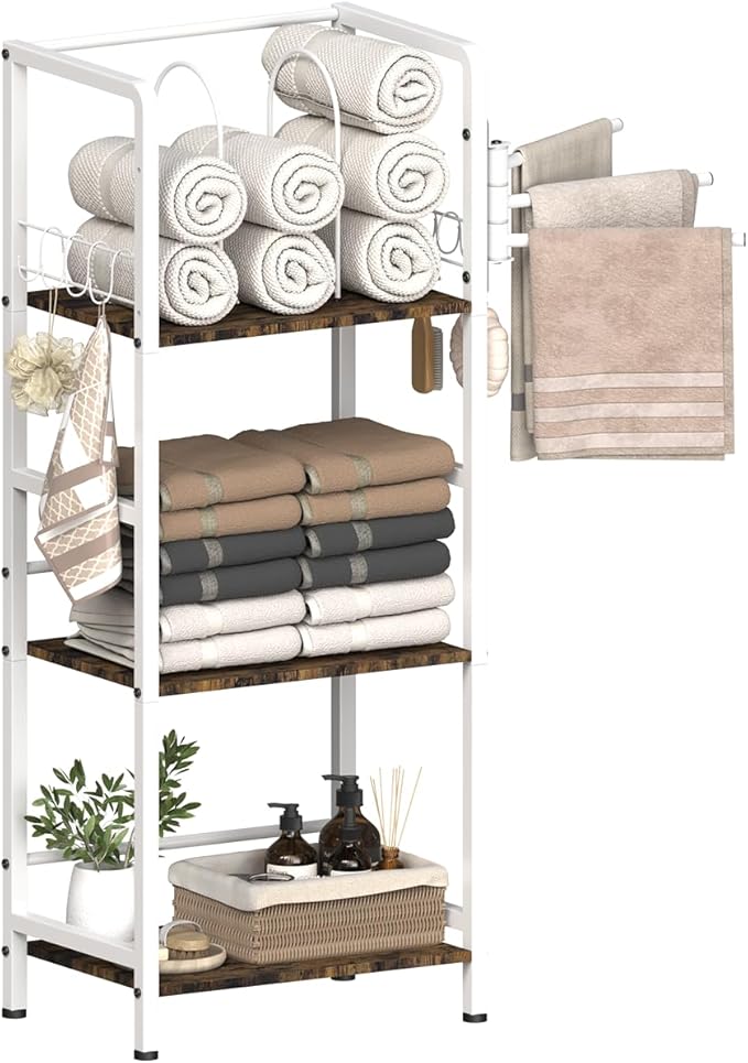 Mondazie Free Standing Towel Racks for Bathroom with 3 Rotating Bars, 3-Tier Floor Towels Holder Stand with Detachable Dividers, Pool Towel Storage Organizer with 8 S-Hooks for Home, Poolside, White