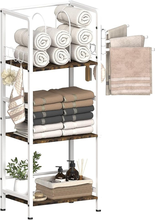 Mondazie Free Standing Towel Racks for Bathroom with 3 Rotating Bars, 3-Tier Floor Towels Holder Stand with Detachable Dividers, Pool Towel Storage Organizer with 8 S-Hooks for Home, Poolside, White